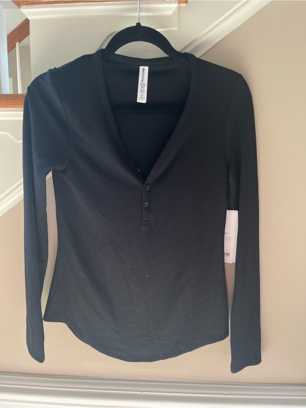 Athleta NWT- Women’s Black Long-Sleeve Henley Top - Classic Ribbed Knit